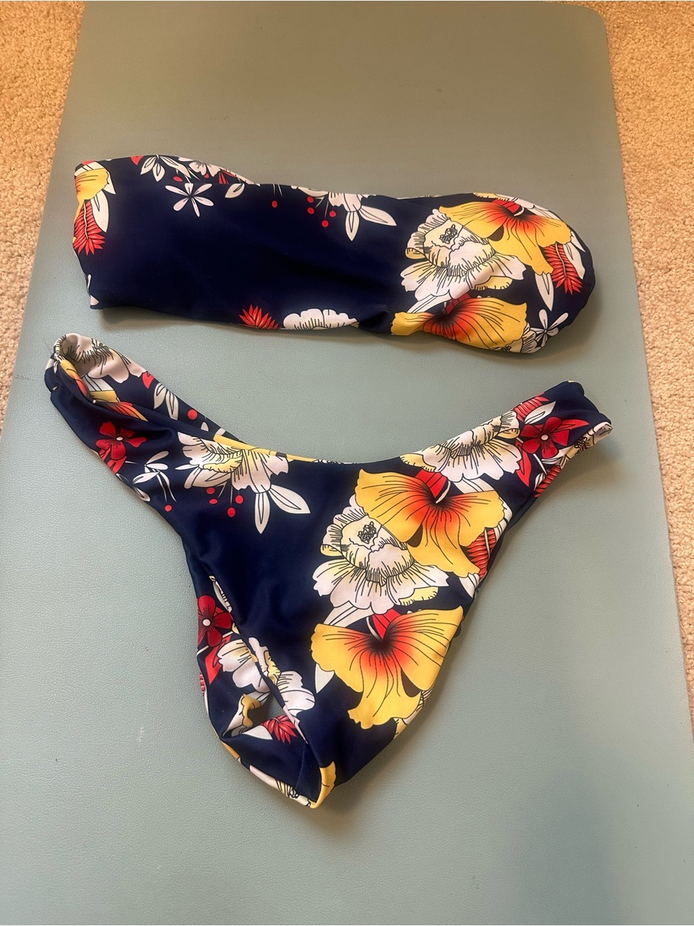Navy Floral Bandeau Bikini Set - Yellow & White Flowers